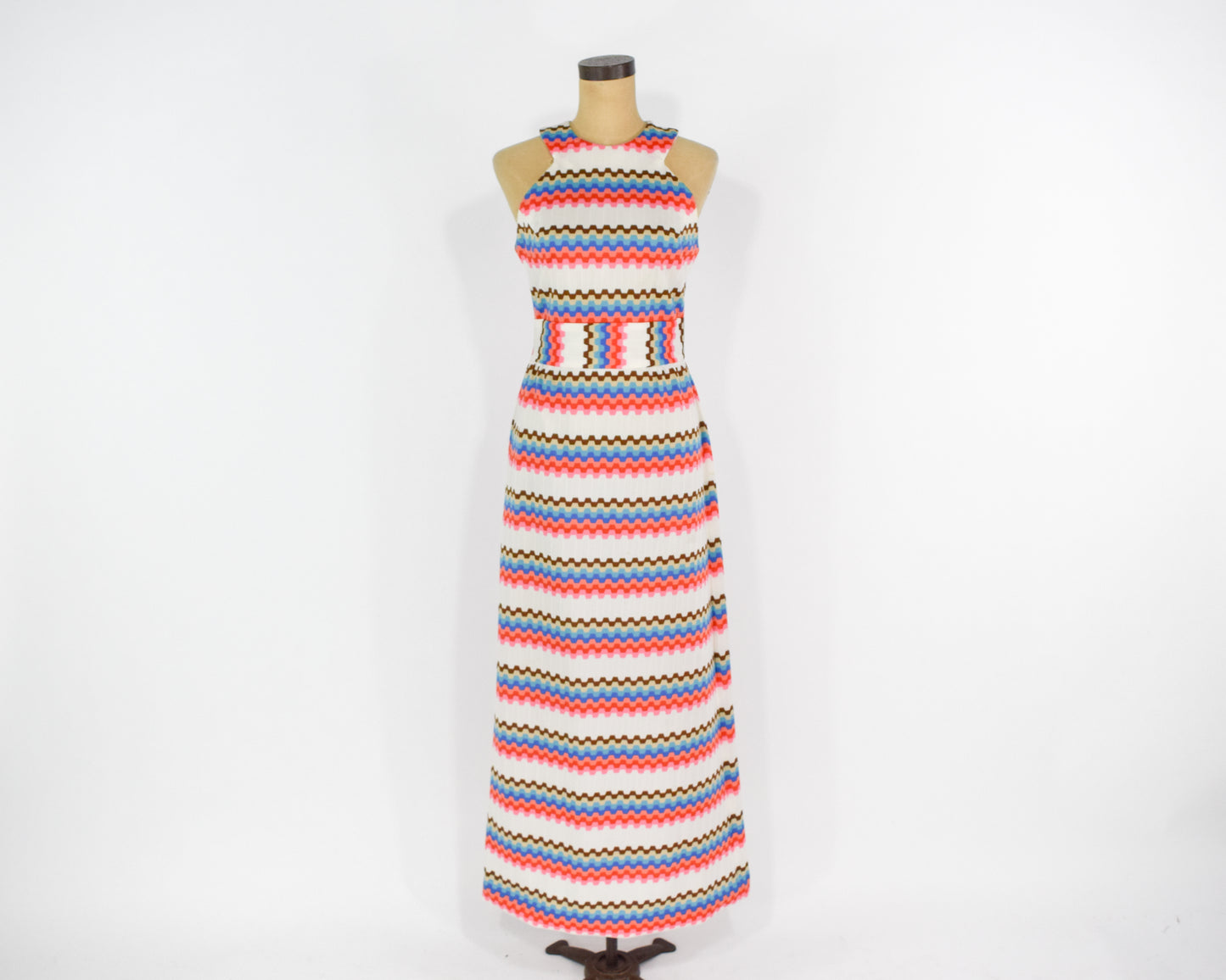 1970s White Pink Zig Zag Print Maxi Dress, Medium