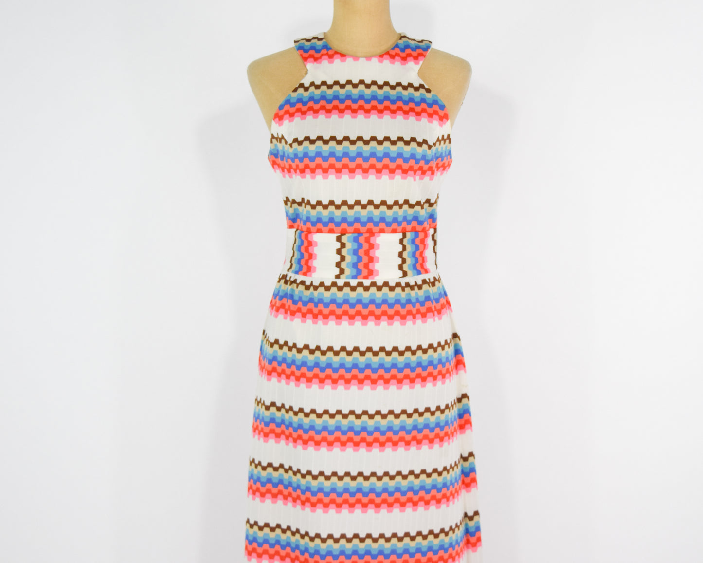 1970s White Pink Zig Zag Print Maxi Dress, Medium