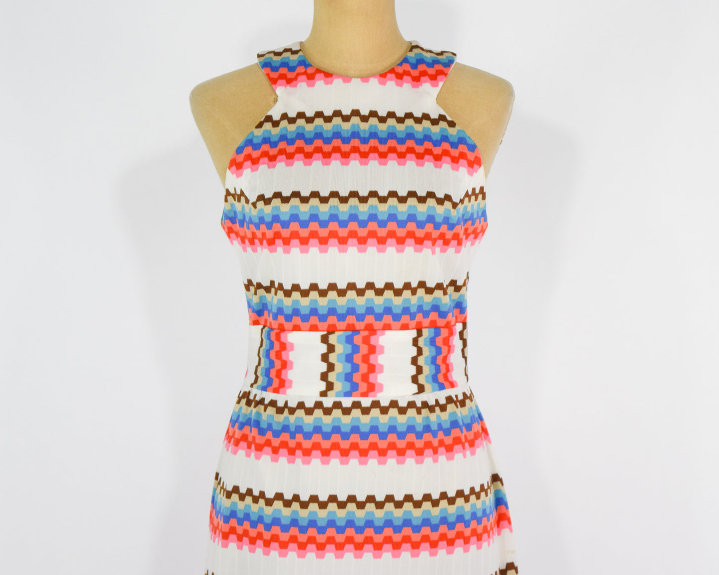 1970s White Pink Zig Zag Print Maxi Dress, Medium