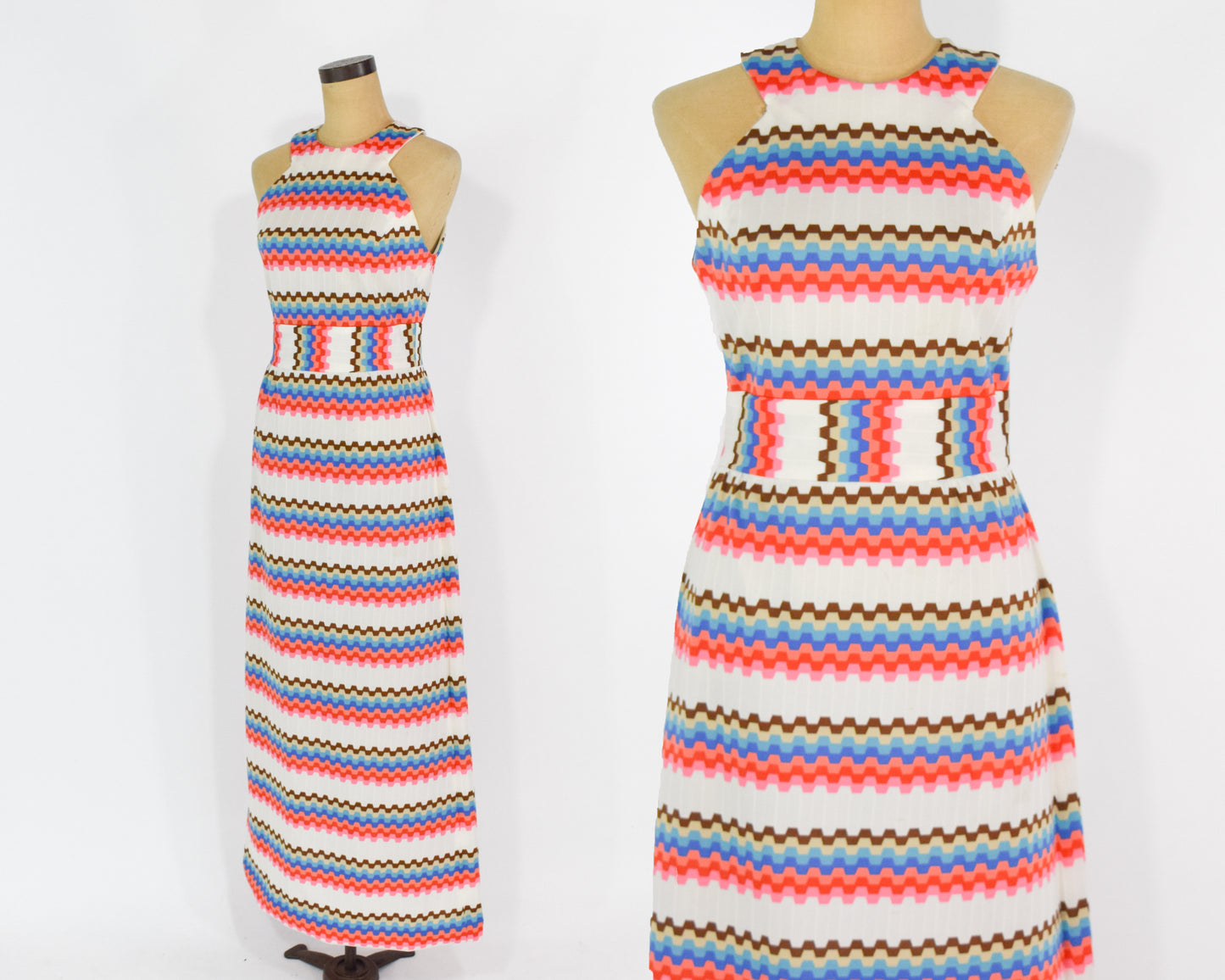 1970s White Pink Zig Zag Print Maxi Dress, Medium