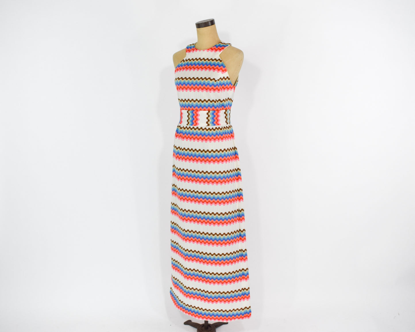 1970s White Pink Zig Zag Print Maxi Dress, Medium