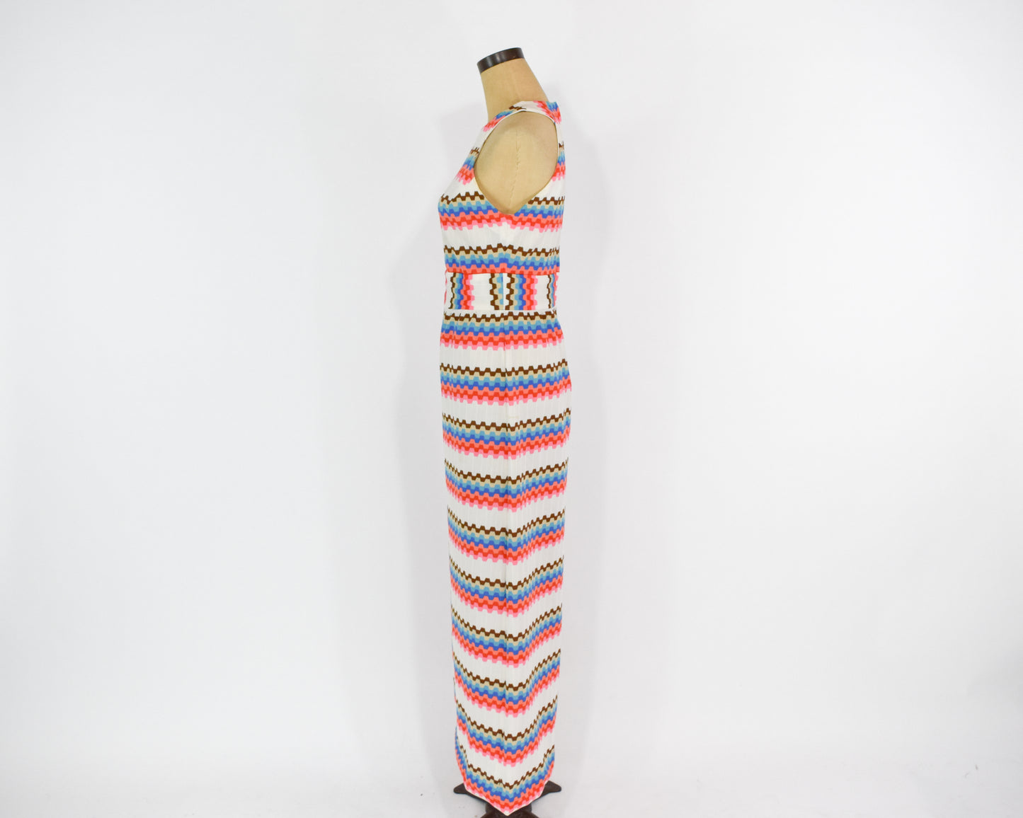 1970s White Pink Zig Zag Print Maxi Dress, Medium