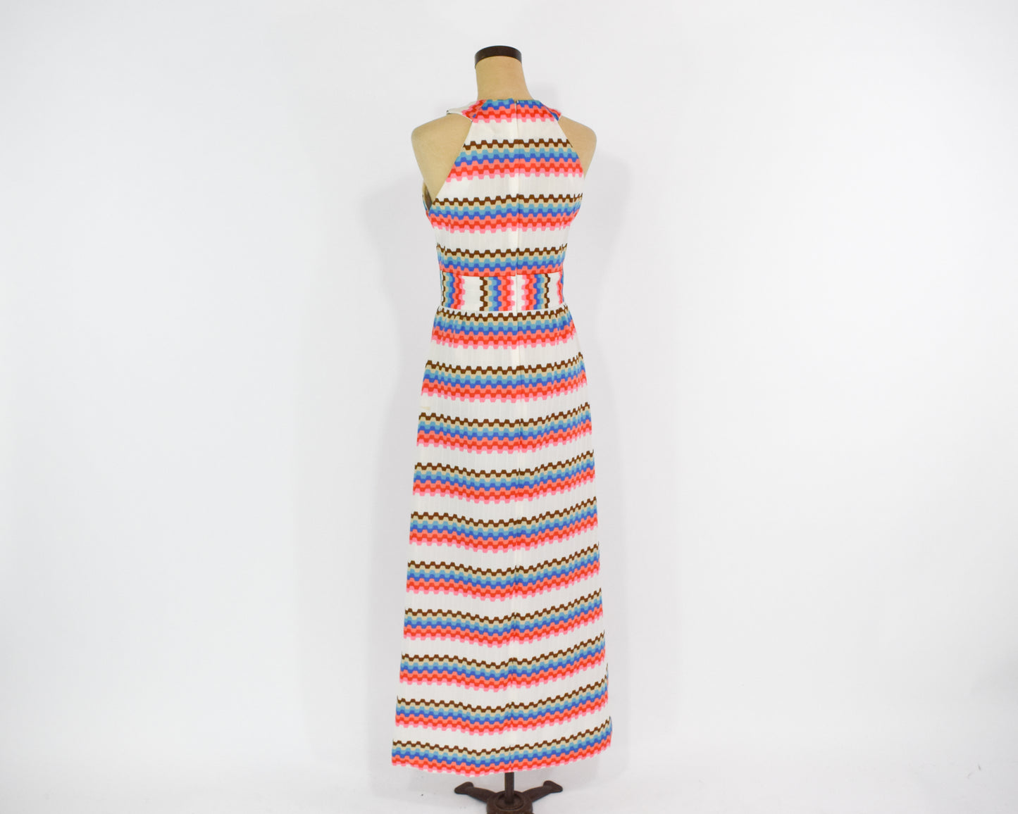 1970s White Pink Zig Zag Print Maxi Dress, Medium