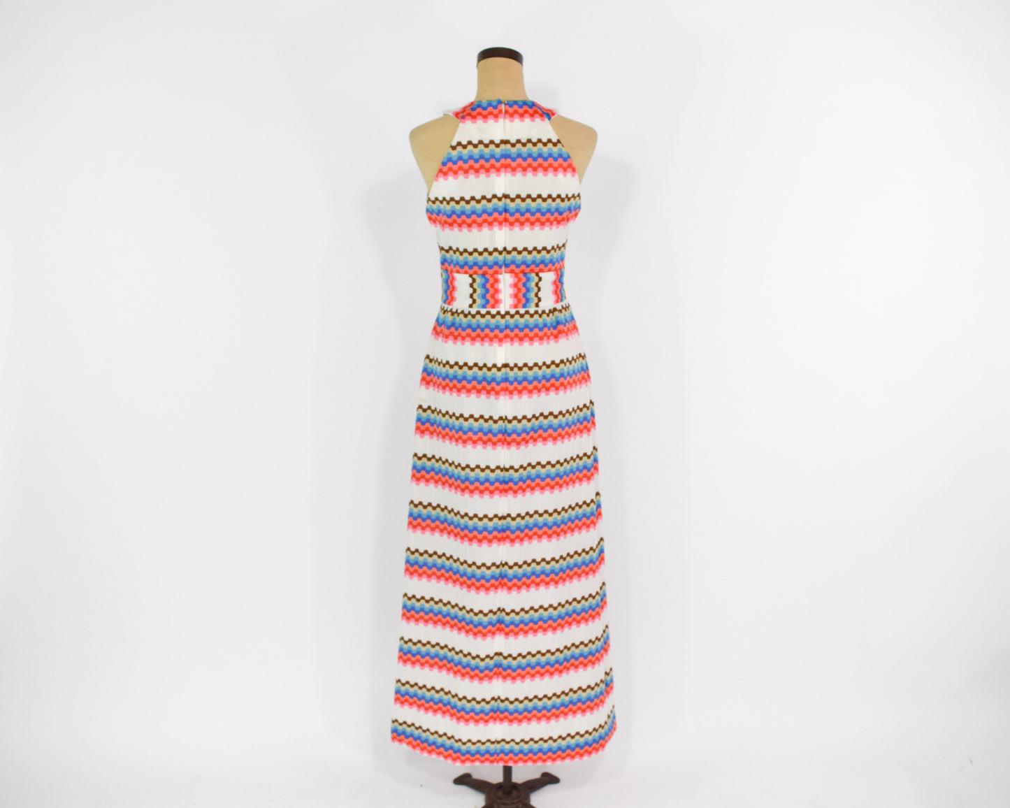 1970s White Pink Zig Zag Print Maxi Dress, Medium