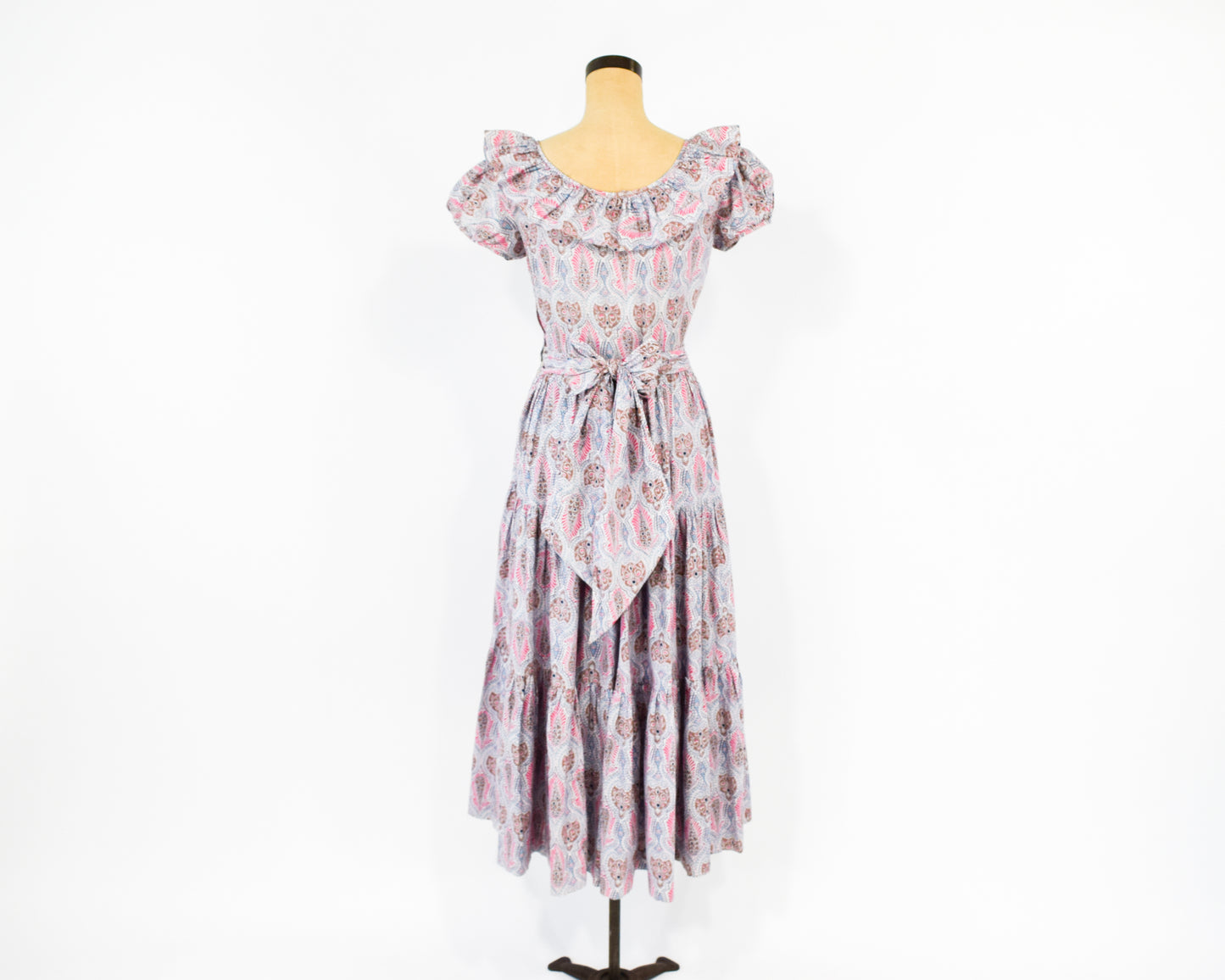 1940s Pink Print Long Dress, Tea Party Dress, XS