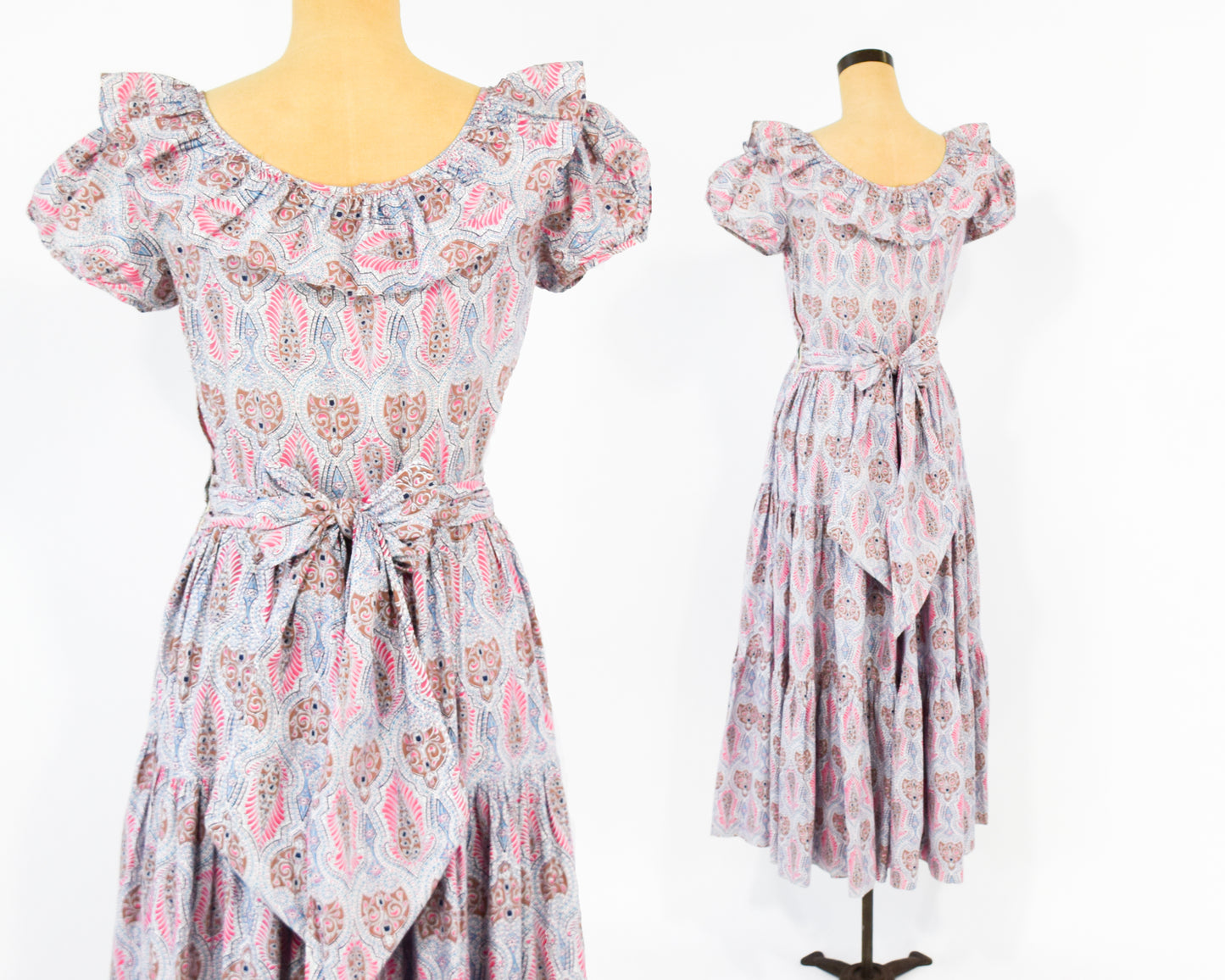 1940s Pink Print Long Dress, Tea Party Dress, XS