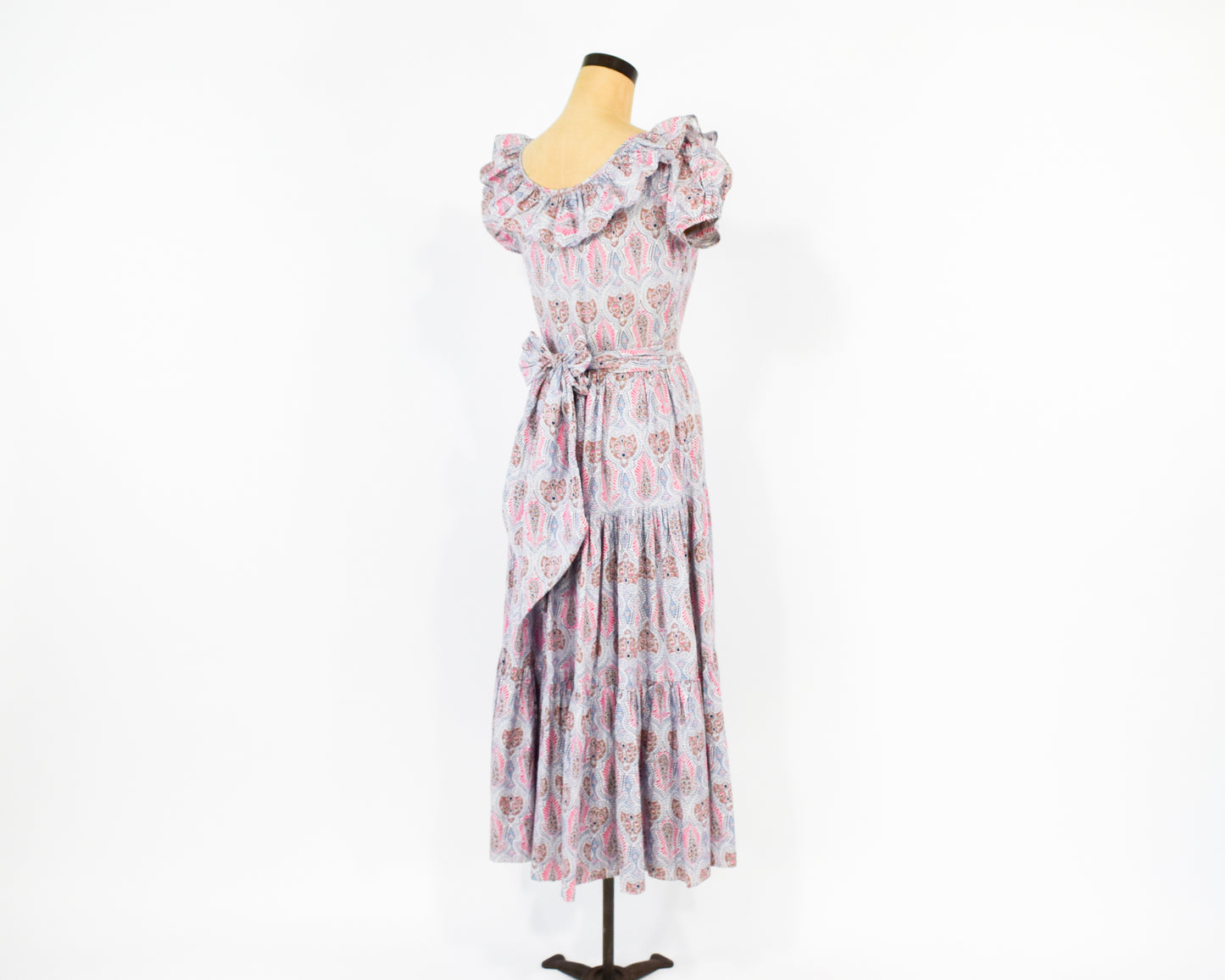 1940s Pink Print Long Dress, Tea Party Dress, XS