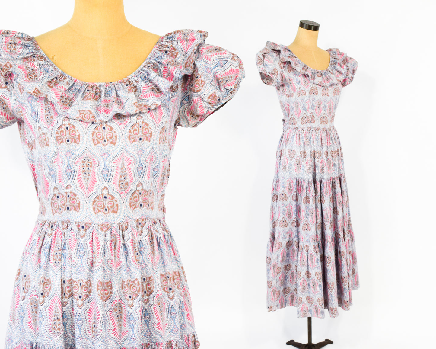 1940s Pink Print Long Dress, Tea Party Dress, XS