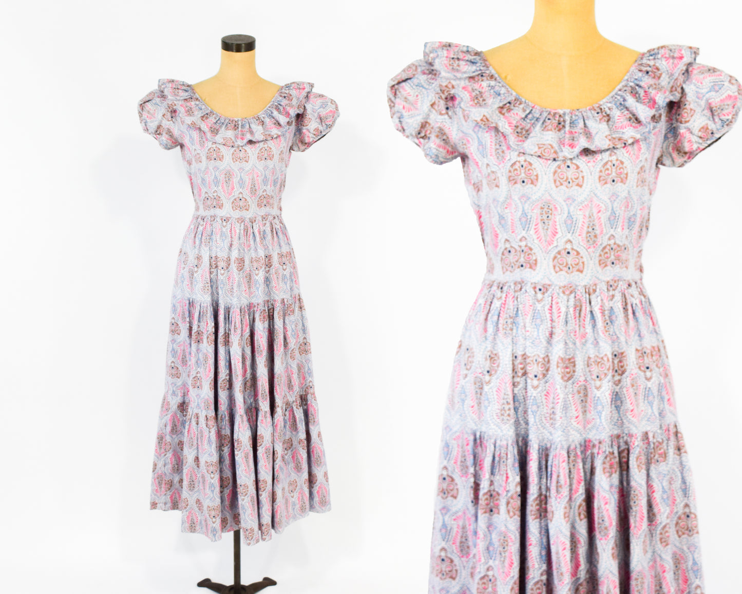 1940s Pink Print Long Dress, Tea Party Dress, XS