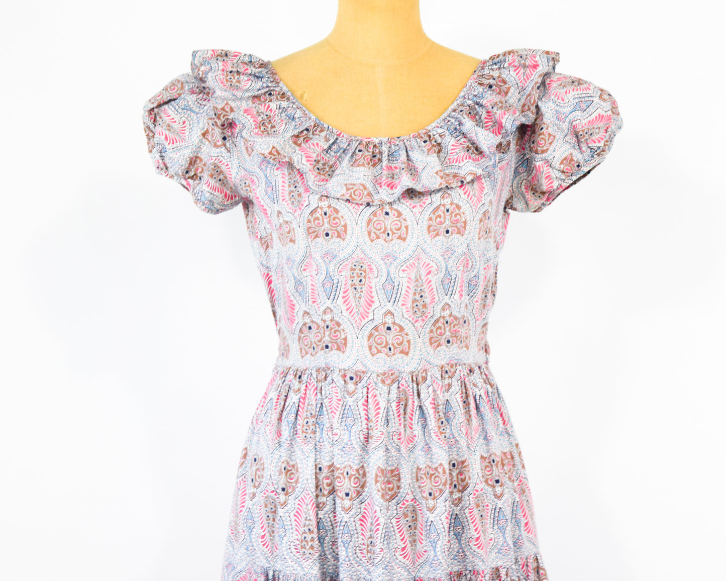 1940s Pink Print Long Dress, Tea Party Dress, XS