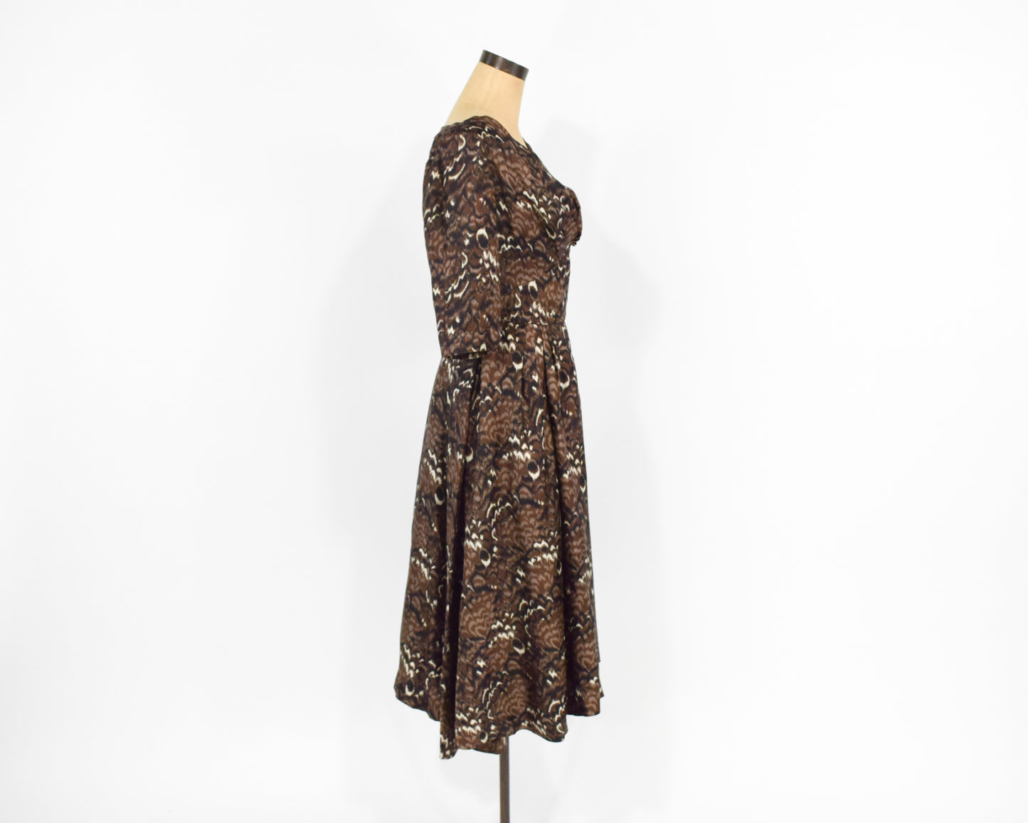 1940s Brown Watercolor Print Cocktail Dress, Medium