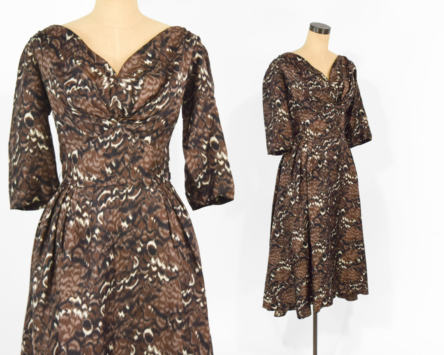 1940s Brown Watercolor Print Cocktail Dress, Medium