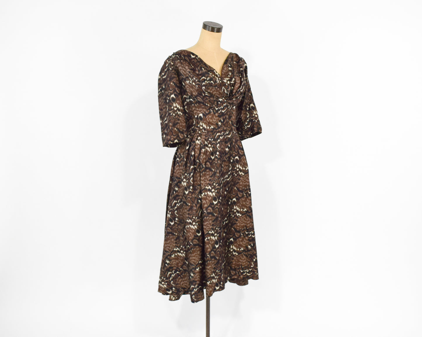 1940s Brown Watercolor Print Cocktail Dress, Medium