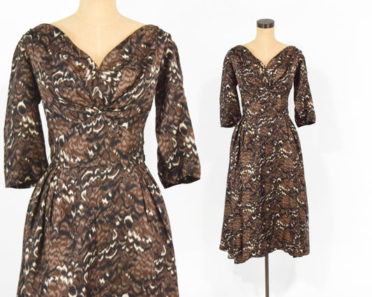 1940s Brown Watercolor Print Cocktail Dress, Medium