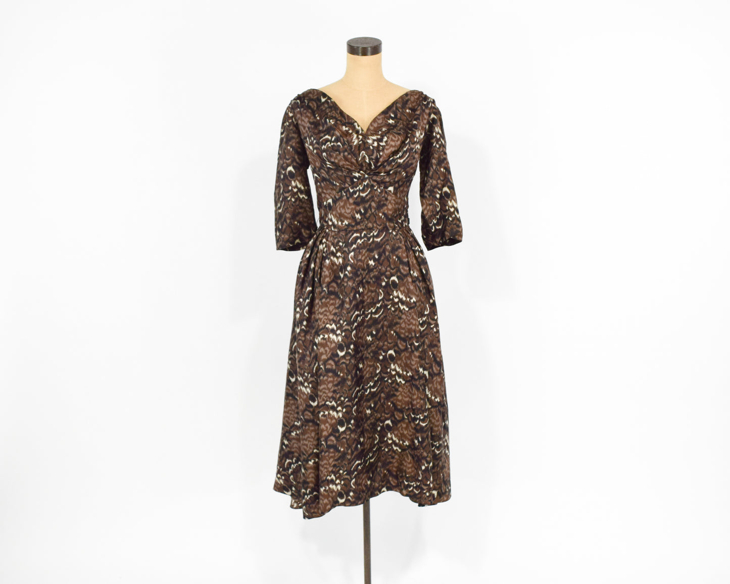 1940s Brown Watercolor Print Cocktail Dress, Medium