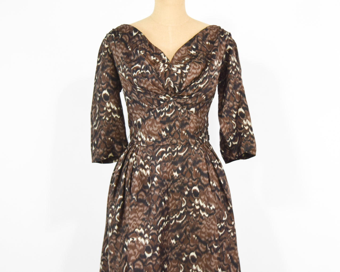 1940s Brown Watercolor Print Cocktail Dress, Medium