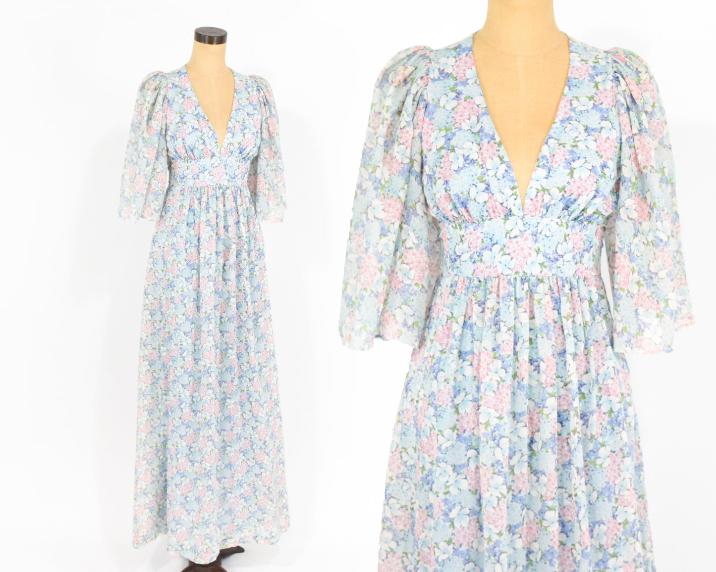 1970s Blue Floral Dress | Pastel Print Cotton Maxi Summer Dress