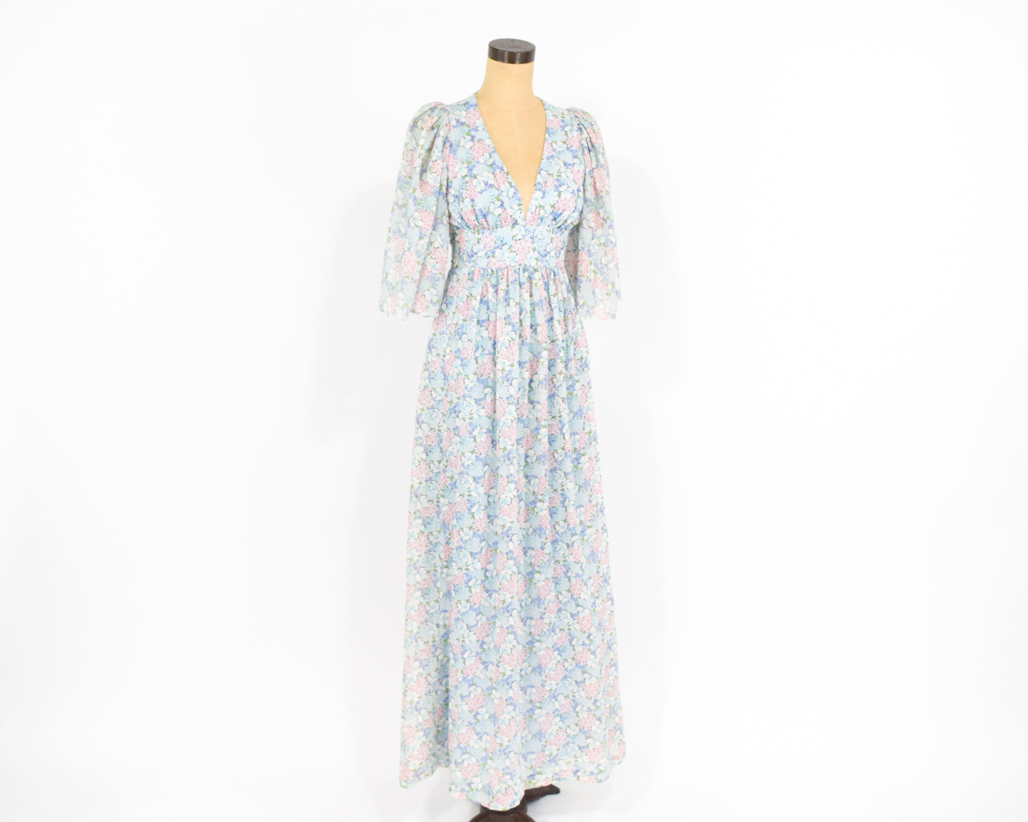 1970s Blue Floral Dress | Pastel Print Cotton Maxi Summer Dress