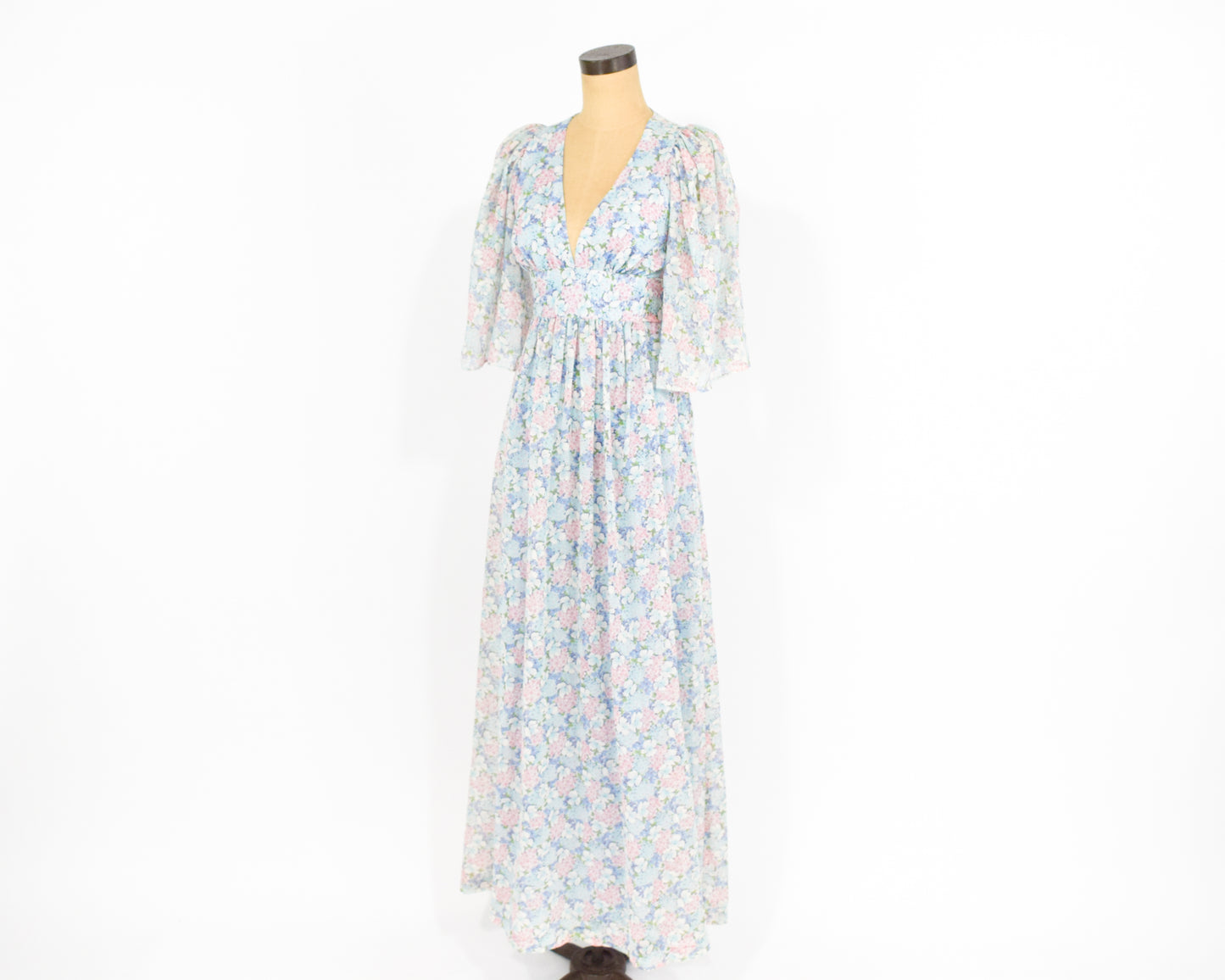 1970s Blue Floral Dress | Pastel Print Cotton Maxi Summer Dress