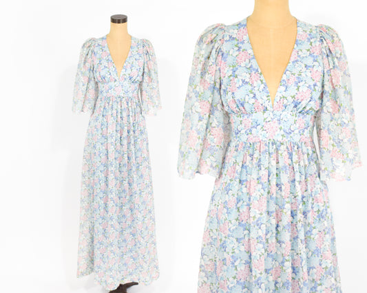 1970s Blue Floral Dress | Pastel Print Cotton Maxi Summer Dress