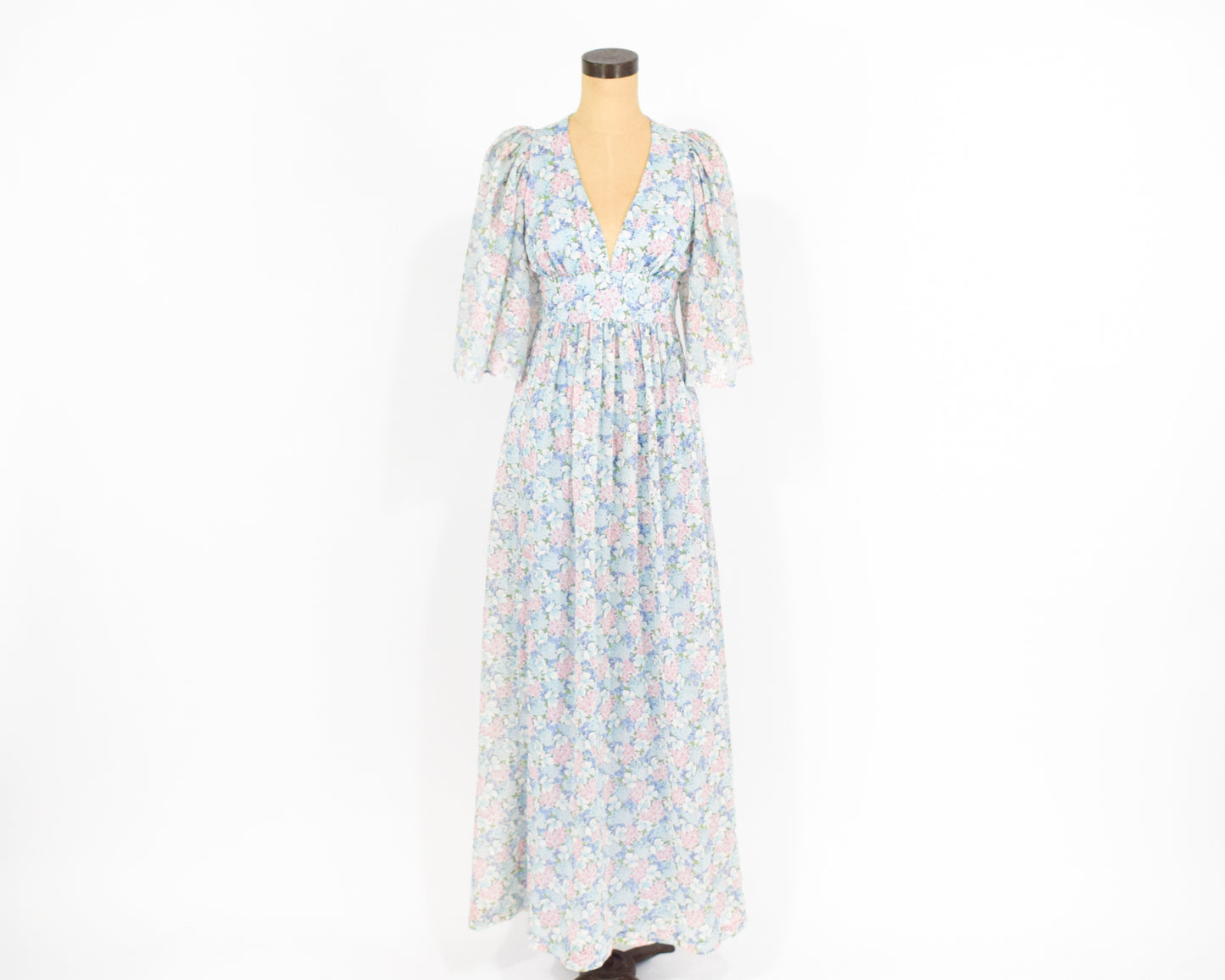 1970s Blue Floral Dress | Pastel Print Cotton Maxi Summer Dress