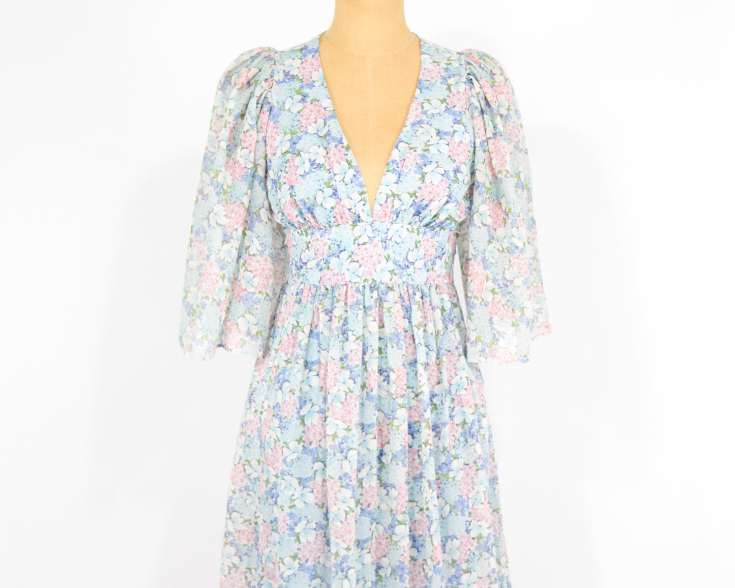 1970s Blue Floral Dress | Pastel Print Cotton Maxi Summer Dress