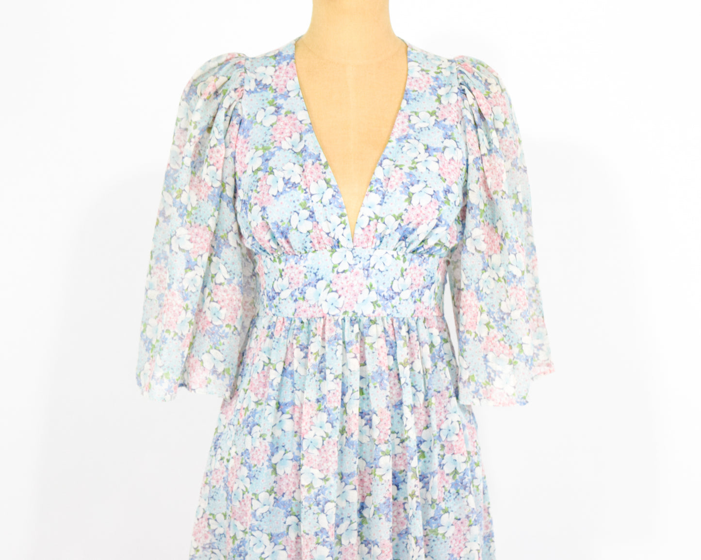 1970s Blue Floral Dress | Pastel Print Cotton Maxi Summer Dress