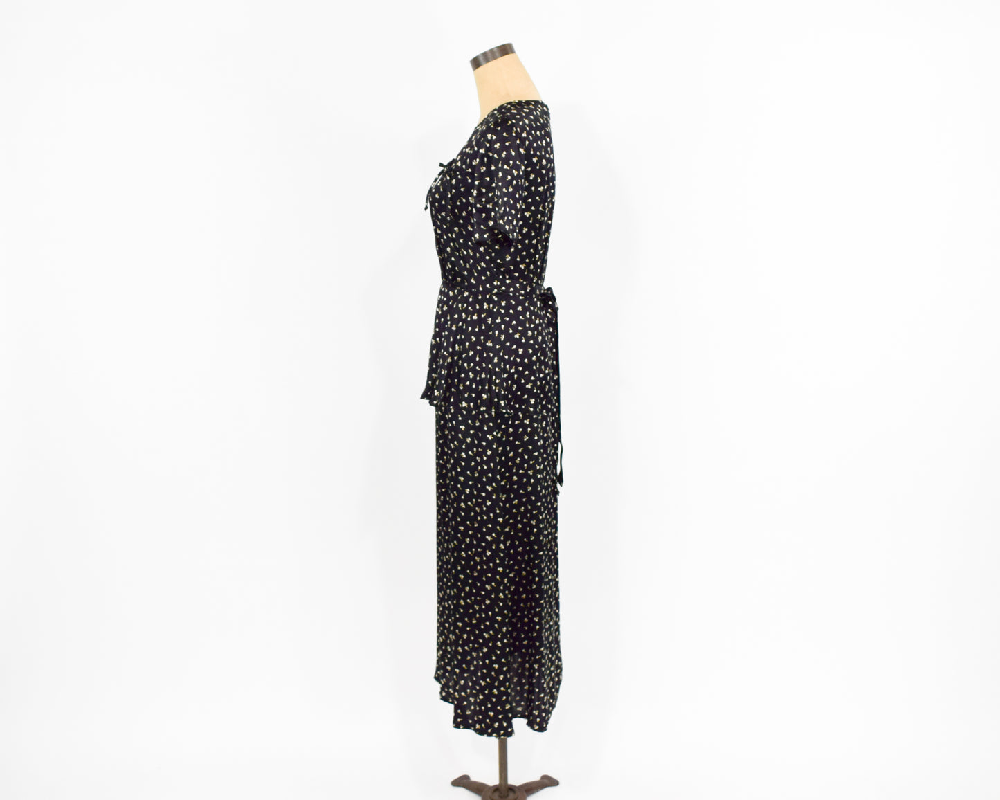 1990s Black Floral Satin Maxi Dress Small