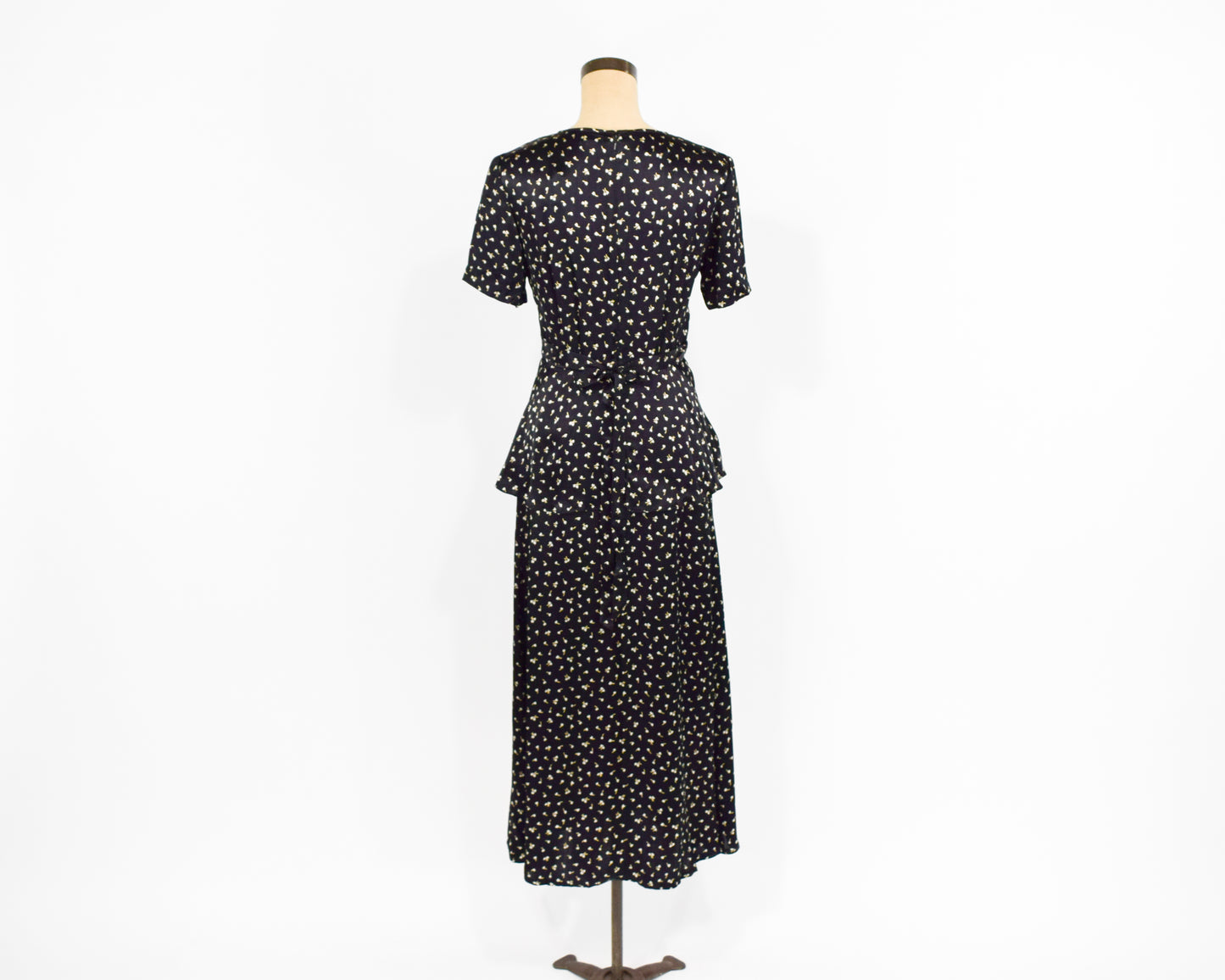 1990s Black Floral Satin Maxi Dress Small