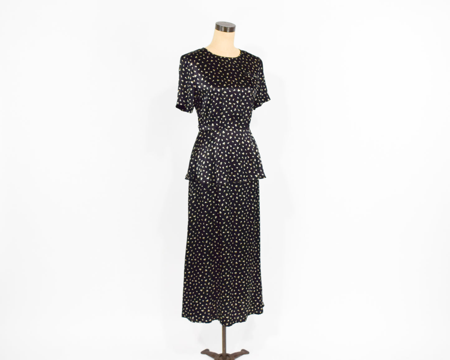 1990s Black Floral Satin Maxi Dress Small