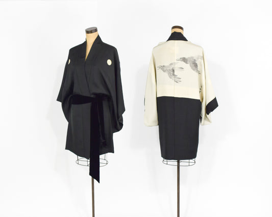 Vintage Haori Kimono, Black Bird Print Silk Kimono