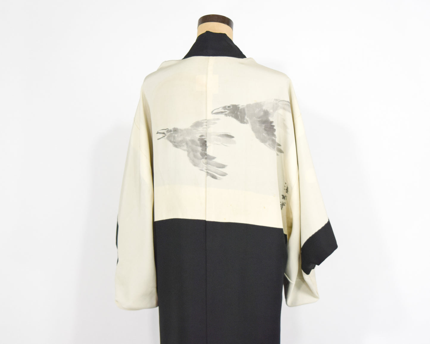 Vintage Haori Kimono, Black Bird Print Silk Kimono