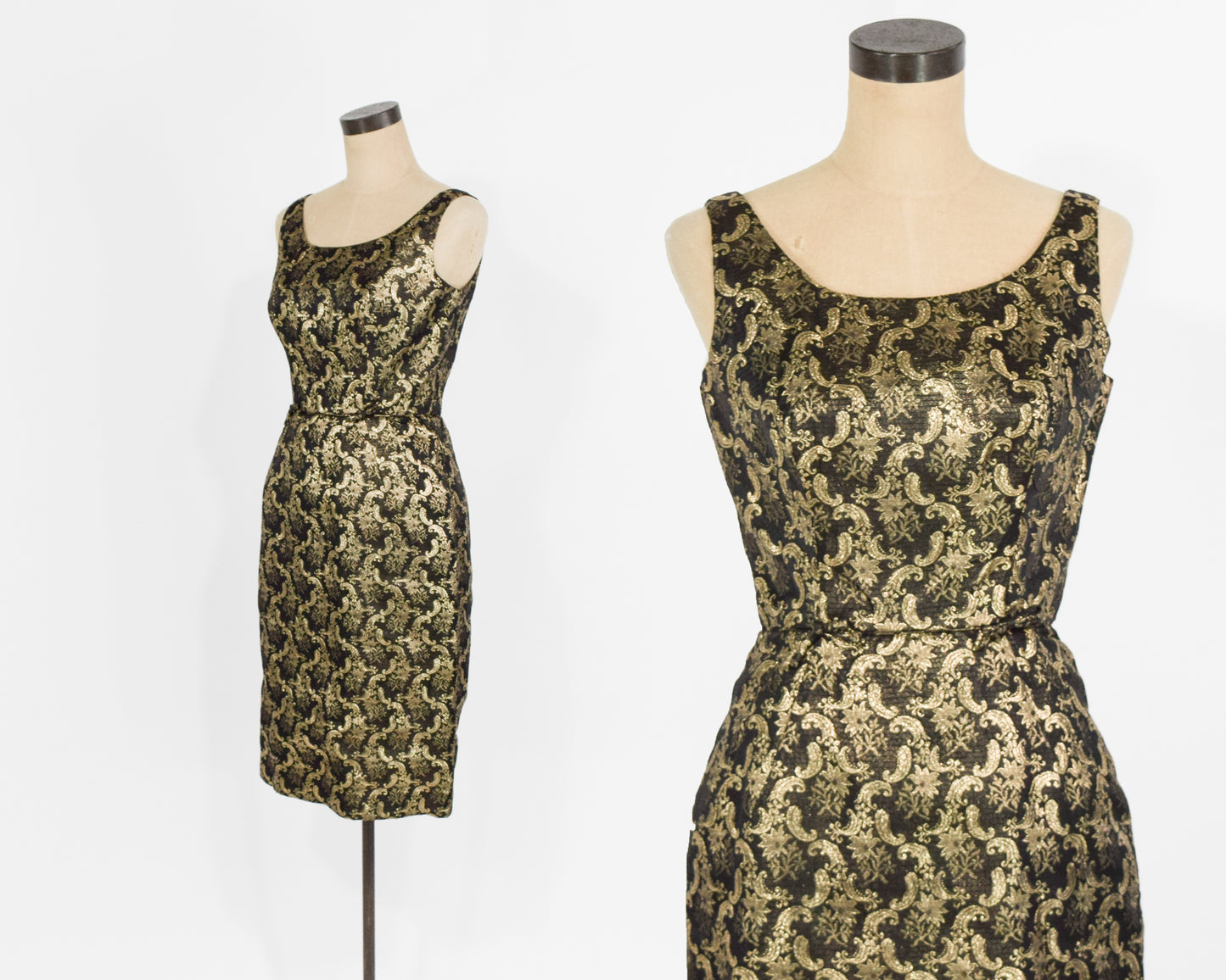 1960s Gold & Black Floral Cocktail Party Dress, Extra Small