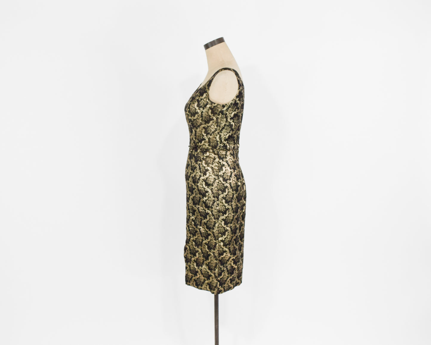 1960s Gold & Black Floral Cocktail Party Dress, Extra Small