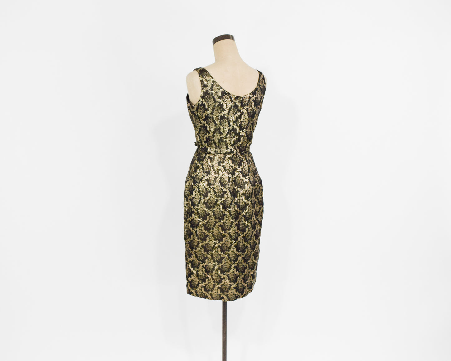 1960s Gold & Black Floral Cocktail Party Dress, Extra Small