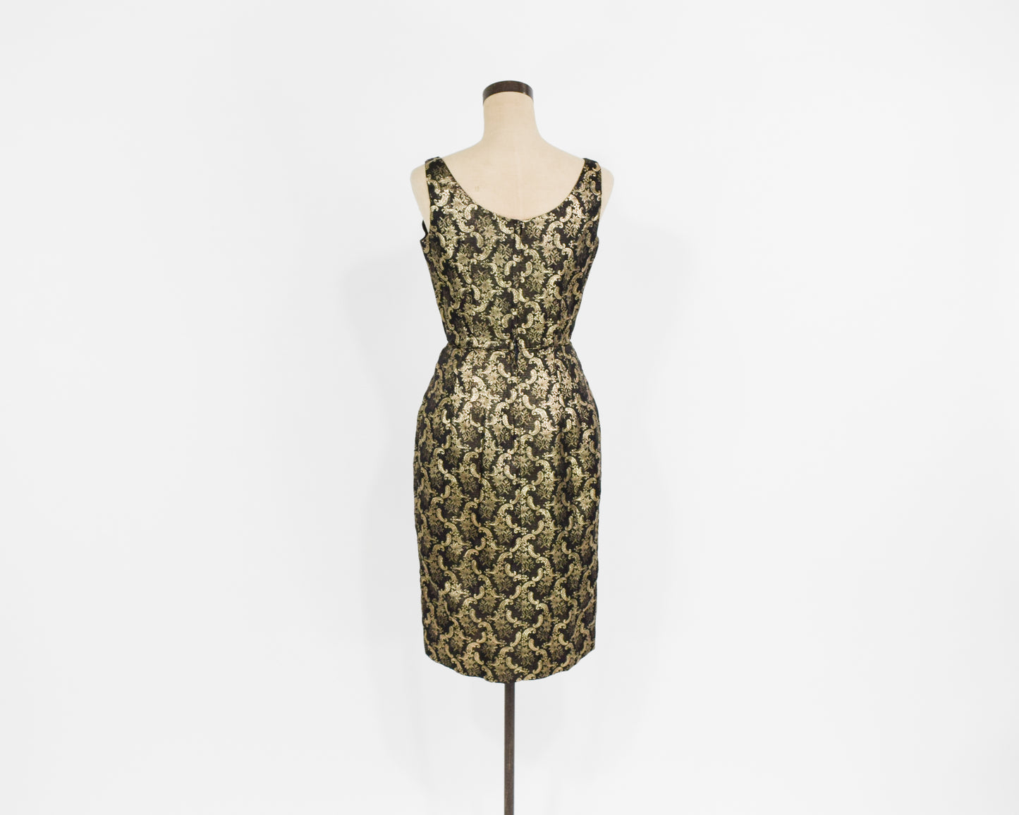 1960s Gold & Black Floral Cocktail Party Dress, Extra Small