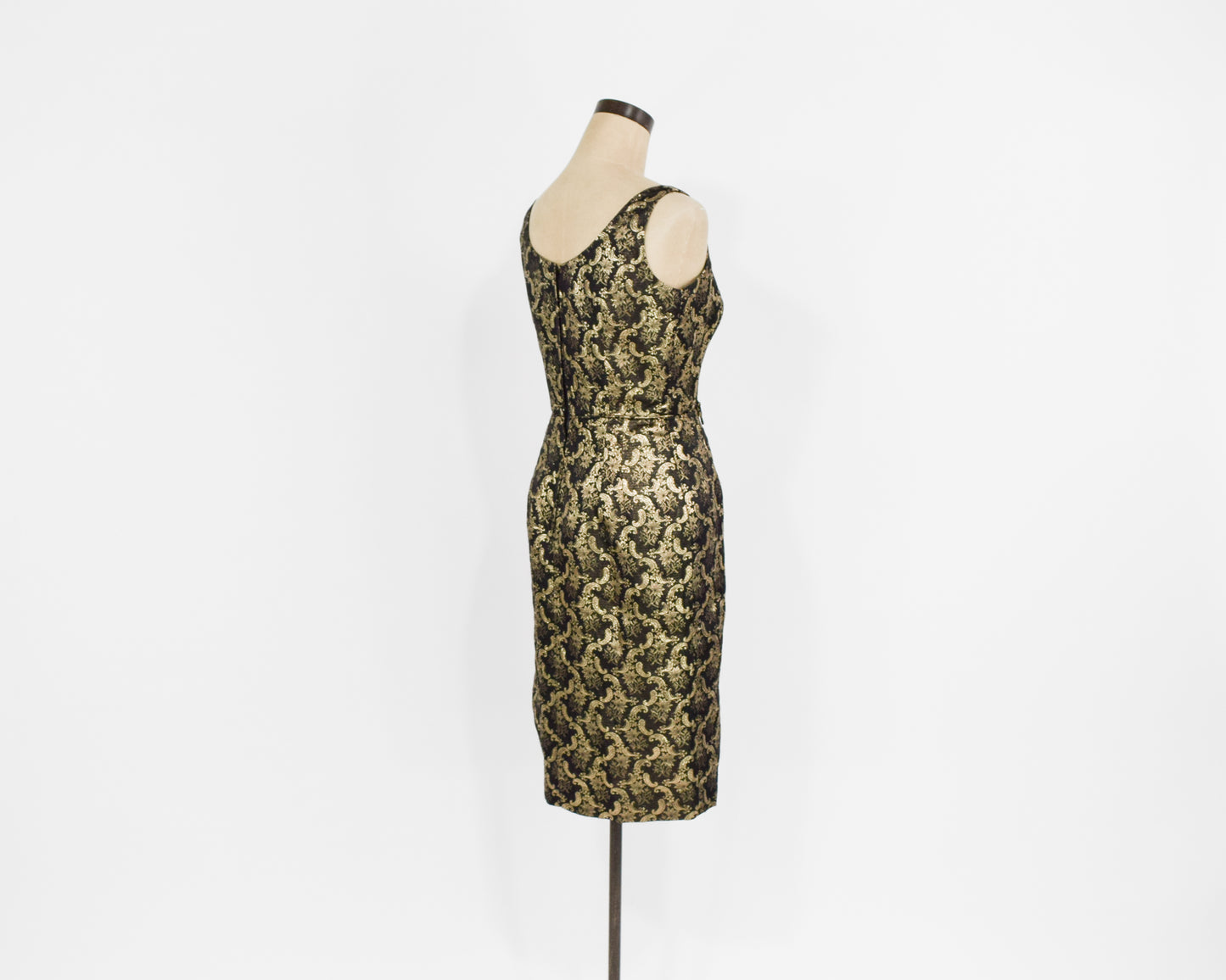 1960s Gold & Black Floral Cocktail Party Dress, Extra Small