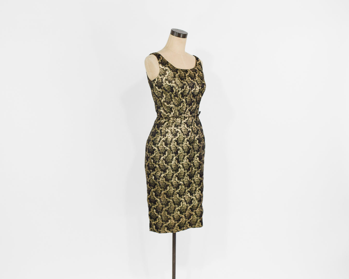 1960s Gold & Black Floral Cocktail Party Dress, Extra Small