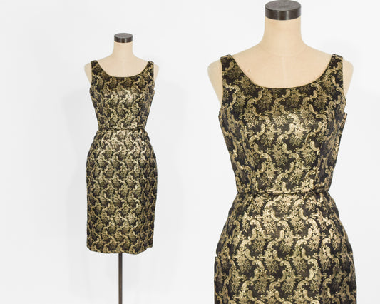 1960s Gold & Black Floral Cocktail Party Dress, Extra Small