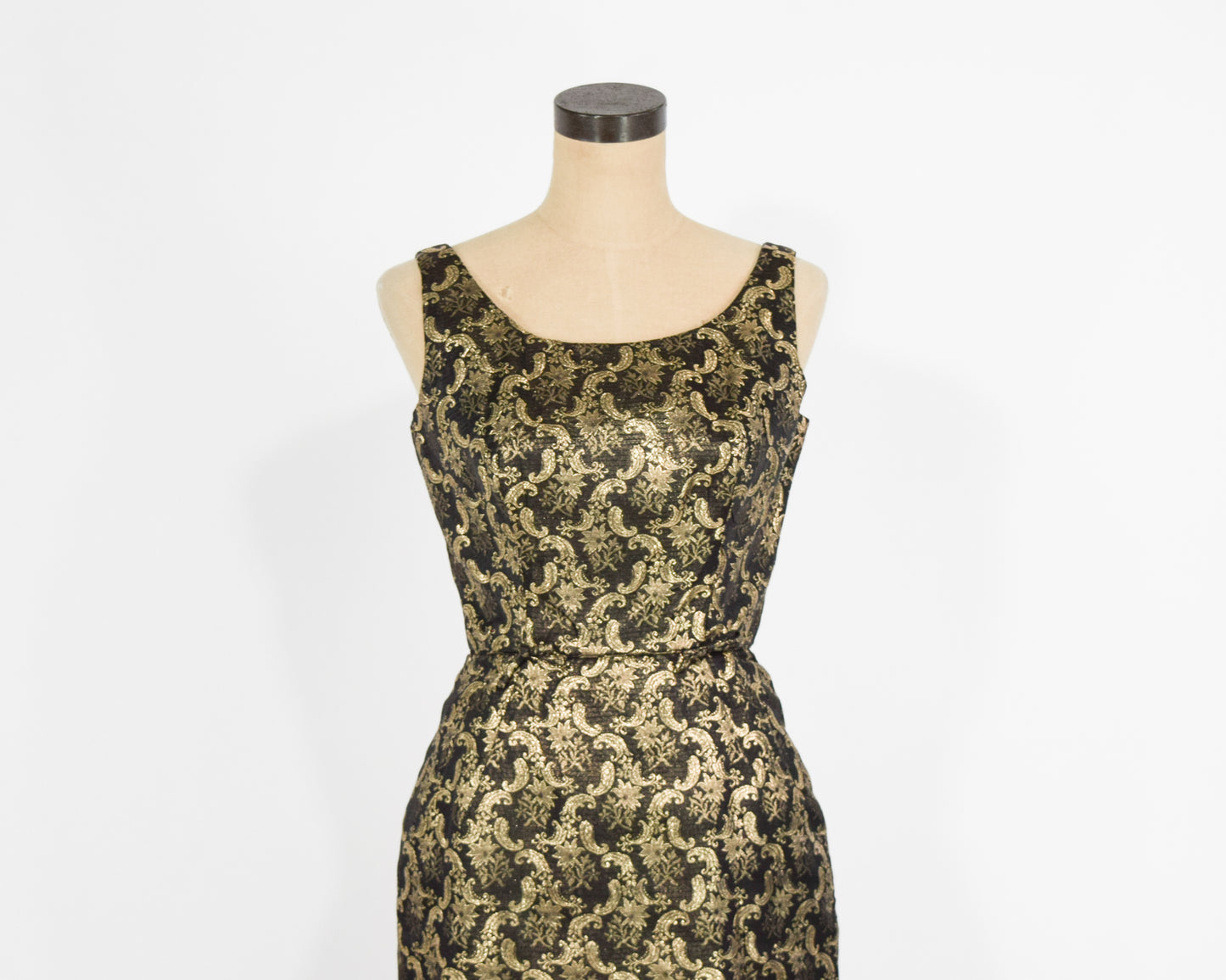 1960s Gold & Black Floral Cocktail Party Dress, Extra Small