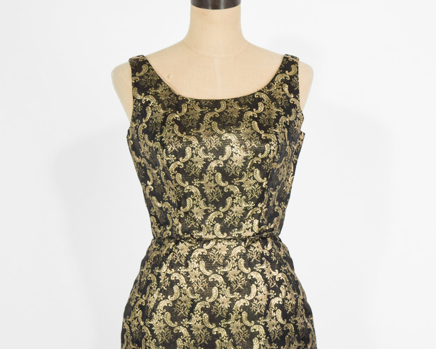 1960s Gold & Black Floral Cocktail Party Dress, Extra Small