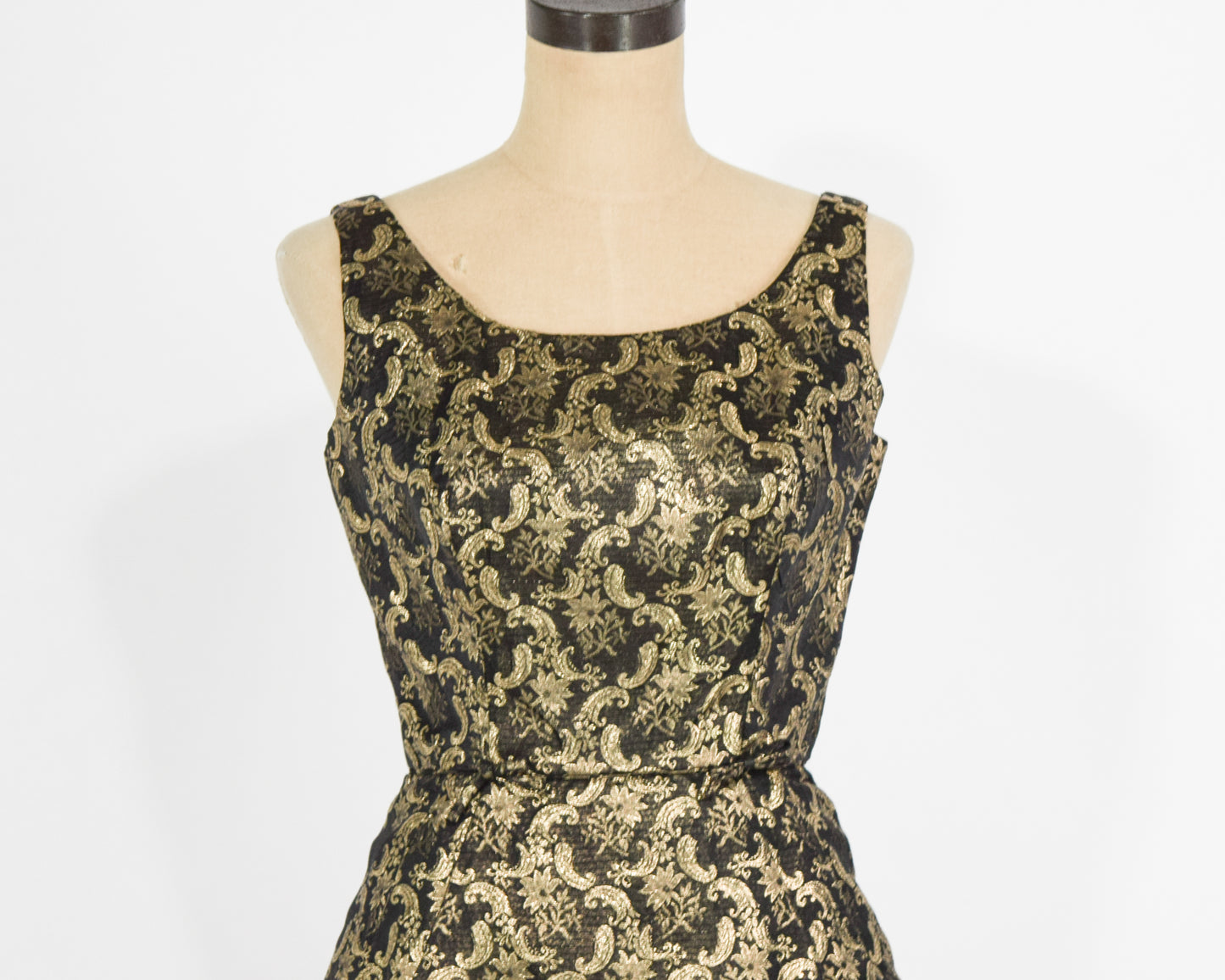 1960s Gold & Black Floral Cocktail Party Dress, Extra Small