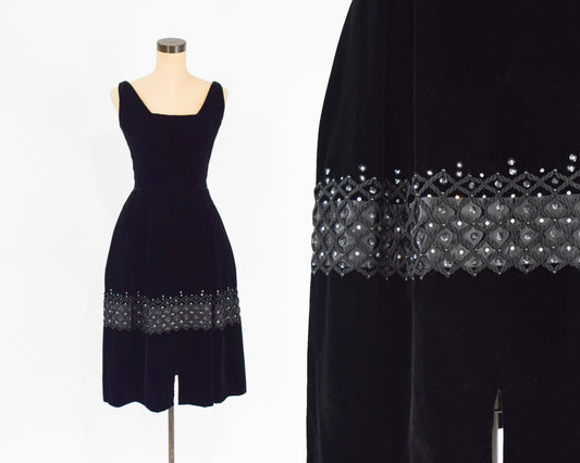 1950s Black Velvet Rhinestone Party Dress, Extra Small