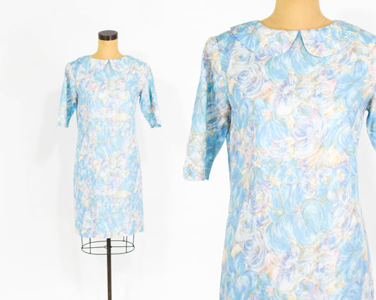 1960s Blue Watercolor Print Dress Small