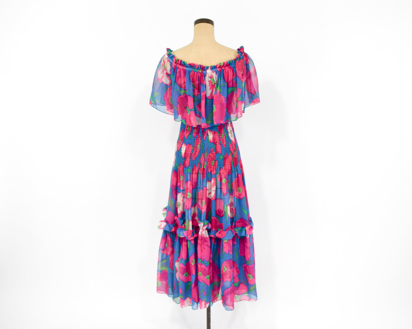 1970s Fuchsia Pink & Blue Floral Print Party Dress, Small
