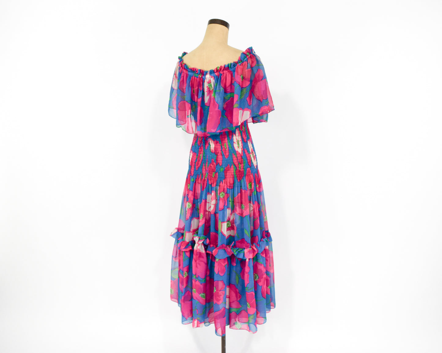 1970s Fuchsia Pink & Blue Floral Print Party Dress, Small