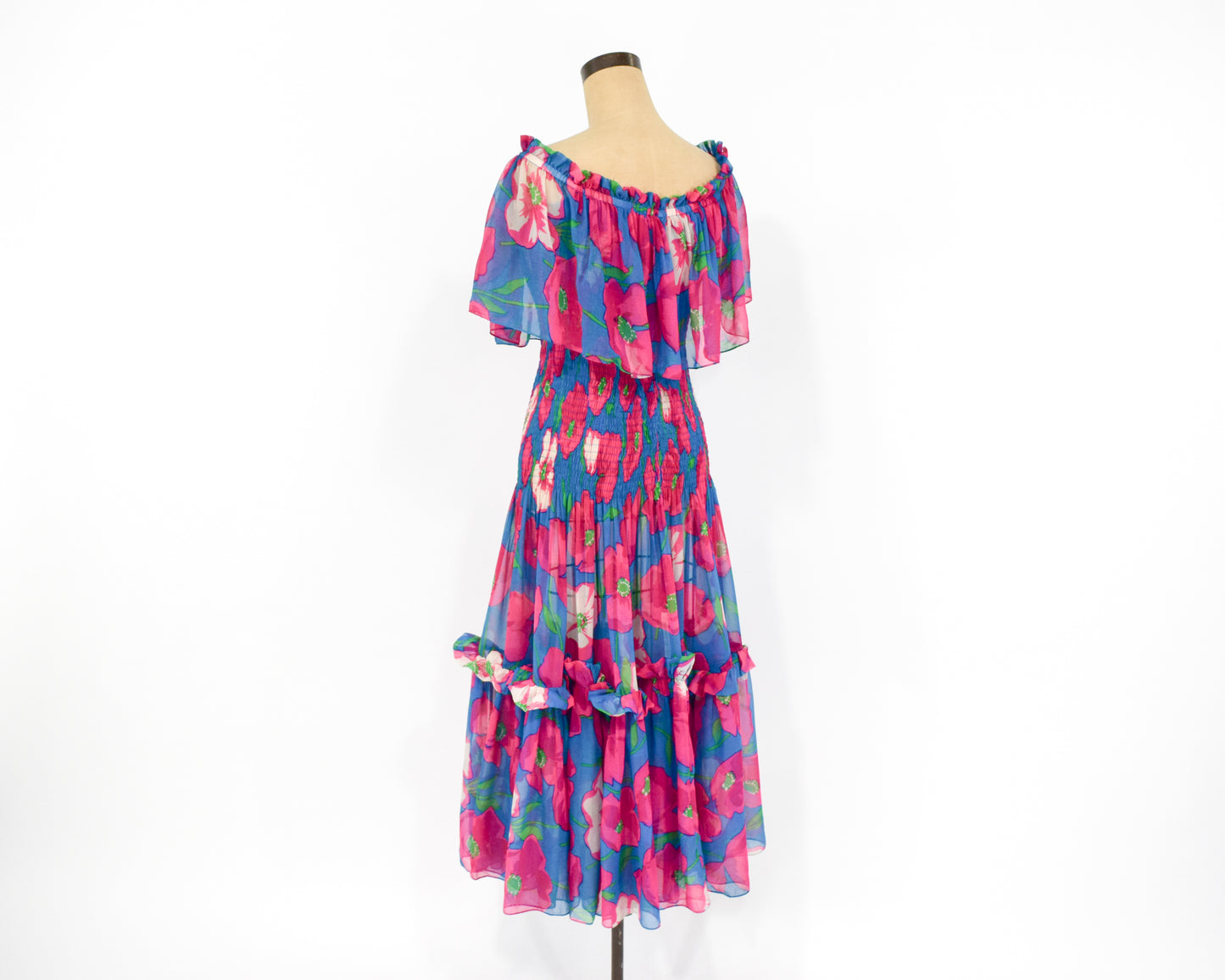 1970s Fuchsia Pink & Blue Floral Print Party Dress, Small