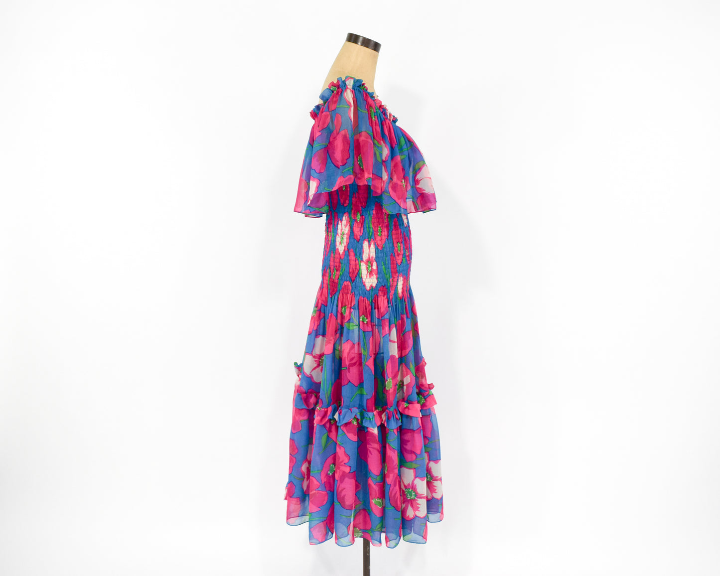 1970s Fuchsia Pink & Blue Floral Print Party Dress, Small
