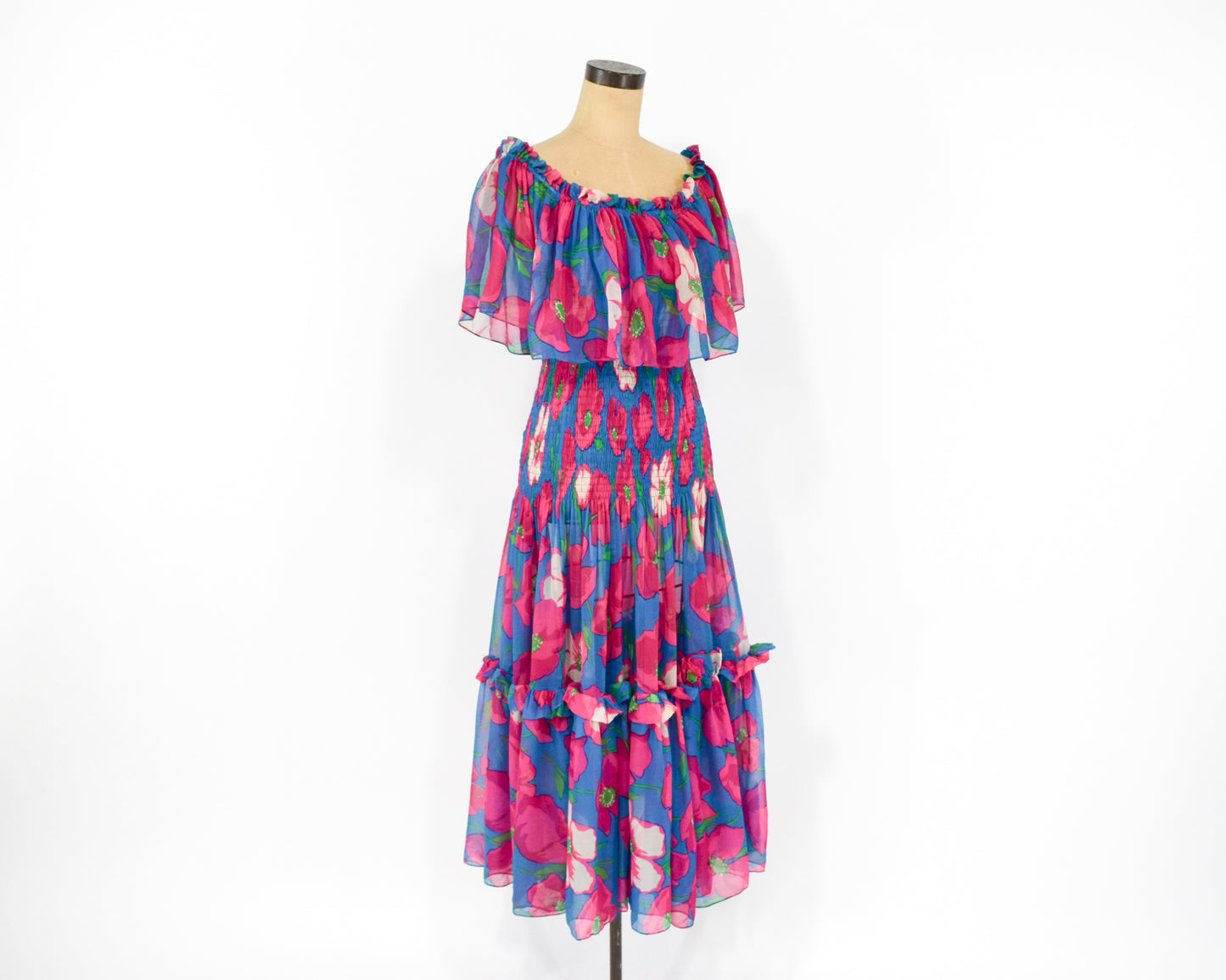 1970s Fuchsia Pink & Blue Floral Print Party Dress, Small