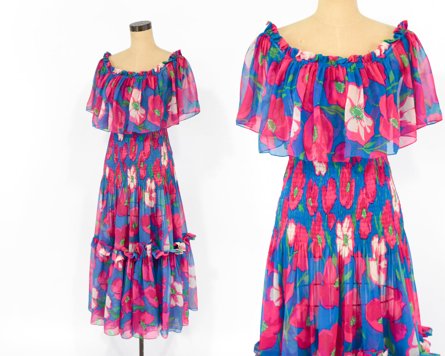 1970s Fuchsia Pink & Blue Floral Print Party Dress, Small